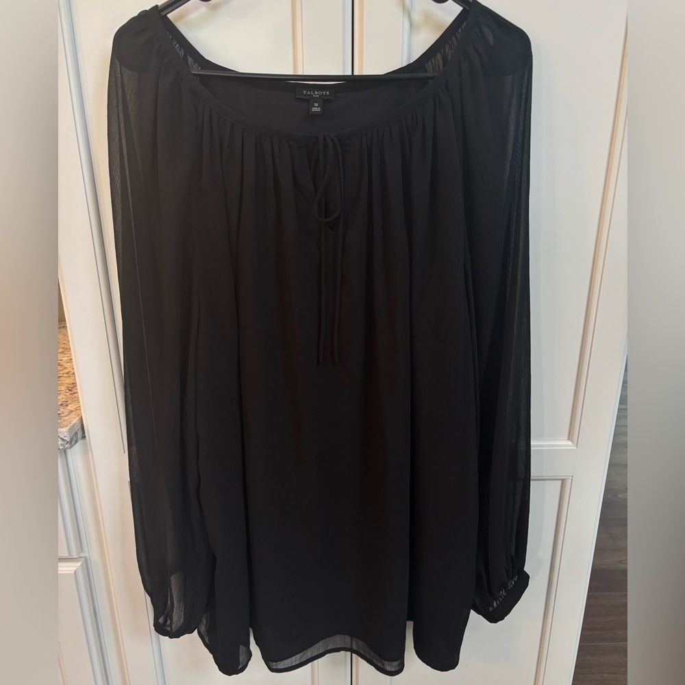 Talbots Women’s Crinkle Blouse Black 1X Textured Long Sleeve Gauzy Lightweight